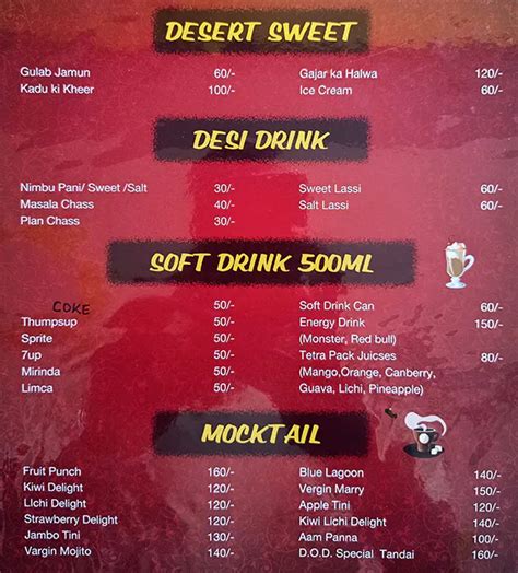 Menu at DOD dhaba on the desert, Jodhpur