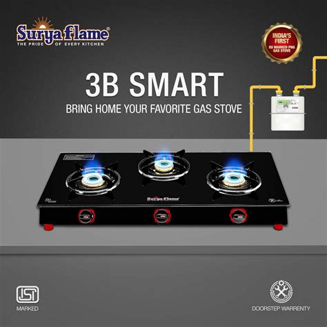 Surya Flame Smart Gas Stove, 3 Burner Glass Top, India's First ISI ...