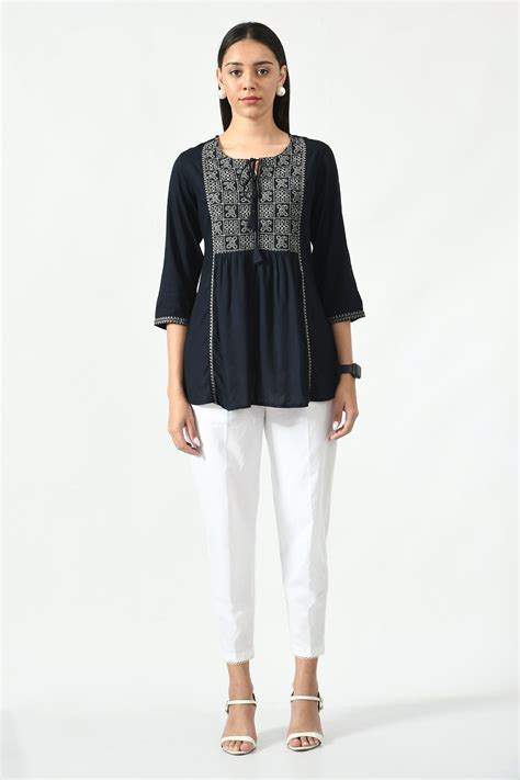 Navy Blue Floral Yoke Embroidered Top – SABHYATA CLOTHING