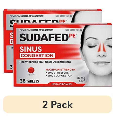 (2 pack) Sudafed PE Sinus Congestion Maximum Strength Non-Drowsy Decongestant Tablets, 36 ct ...