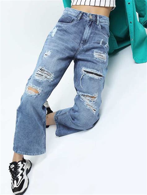 Women Blue Wide Leg Highly Distressed Heavy Fade Jeans