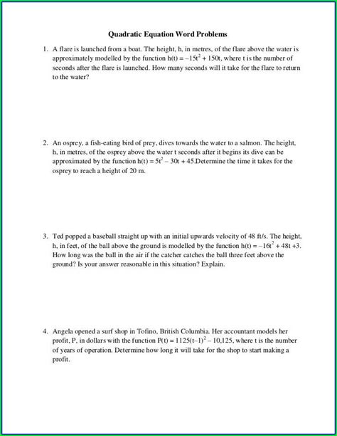 Image result for Quadratic Word Problems Worksheet PDF