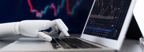 A robotic hand engaged with a laptop, illustrating stock market trends through data visualizations