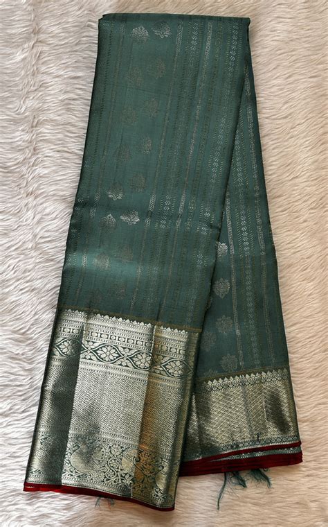 Pure Kanjivaram Silk Saree Rama Green Color | Silver Kanchi Border ...