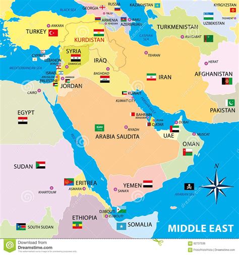 Middle East Map with Borders and Flags Stock Illustration ...