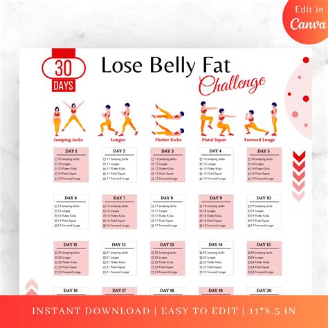 Editable 30 DAYS Lose Belly Fat Challenge, Belly Exercise, Belly ...