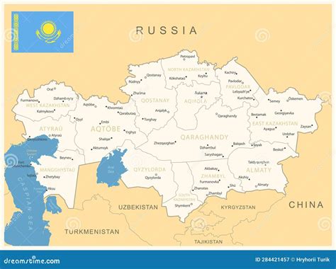 Kazakhstan - Detailed Map with Administrative Divisions and Country Flag. Stock Illustration ...
