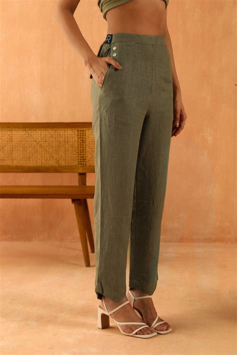Contemporary Army Green Button-Up Pants for Women in India
