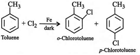 The reaction of toluene with chlorine in the presence of iron and in ...