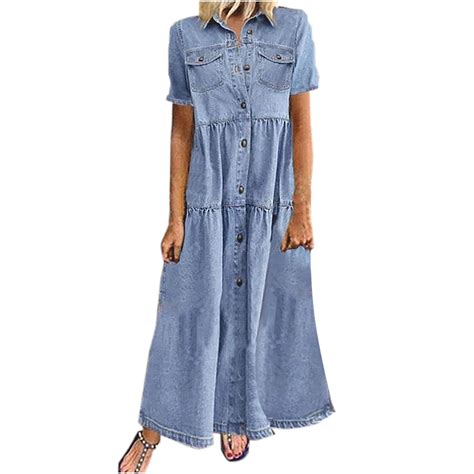 Denim Long Dress for Women, Women's Button Pockets Maxi Denim Dresses ...