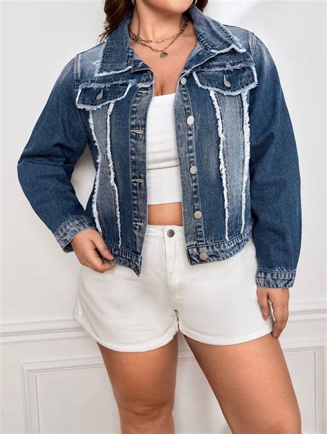 Plus Raw Trim Flap Detail Denim Jacket | SHEIN USA