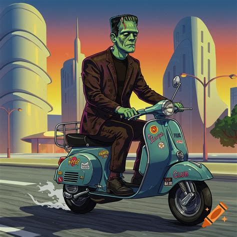 Frankenstein's monster, dressed in a brown suit, rides a teal Vespa ...