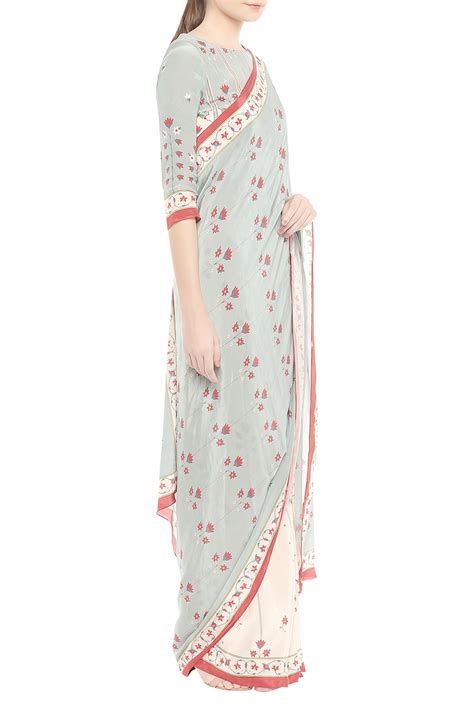 Buy Blue Round Floral Print Saree With Blouse For Women by Soup By ...