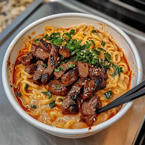Spicy Korean Ramen with Grilled Beef & Creamy Sauce