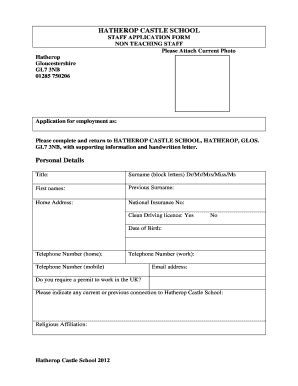 Fillable Online Application form NON TEACHING - Hatherop Castle School ...