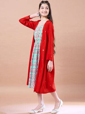Buy Red ethnic motifs print a-line Dress With Shrug