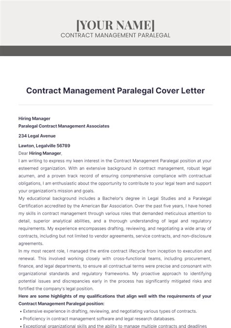 Free Contract Management Paralegal Cover Letter Template to Edit Online