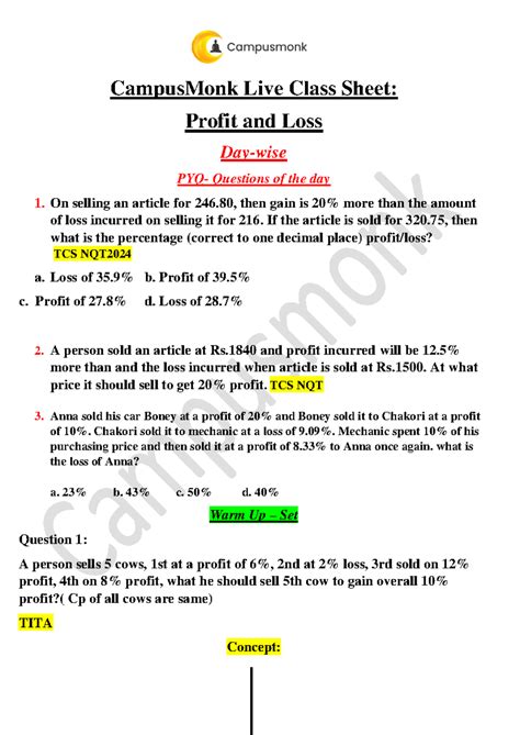 TCS NQT2024: Profit and Loss Questions - Live Class Sheet 02 - Studocu