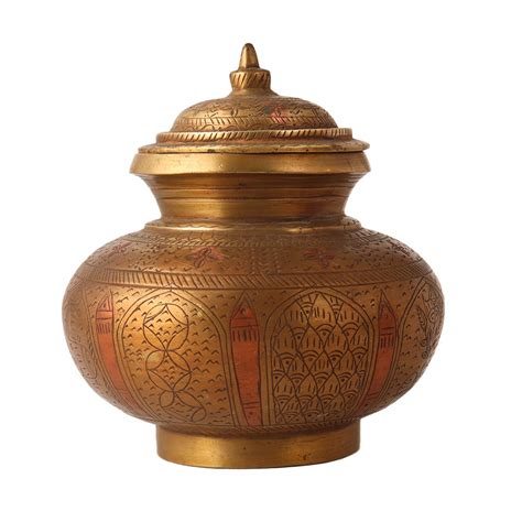 Brass Engraved Water Pot or Lota with Lid