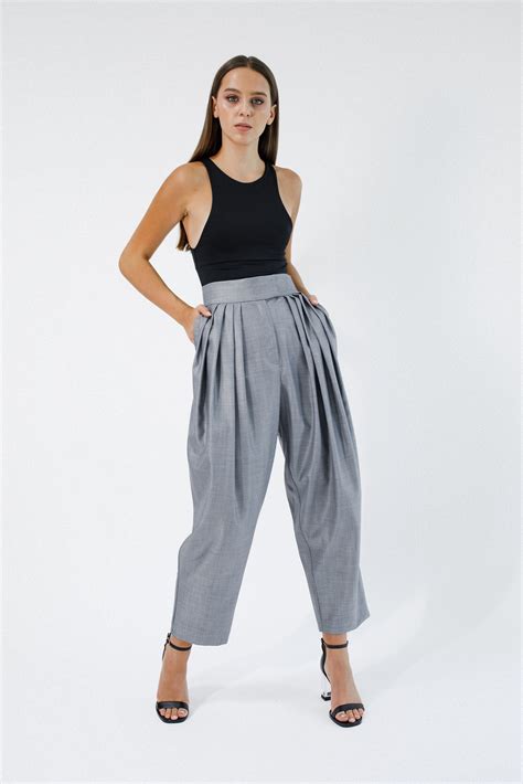 High Waisted Wool Baggy Pleated Pants Custom Pants Women - Etsy