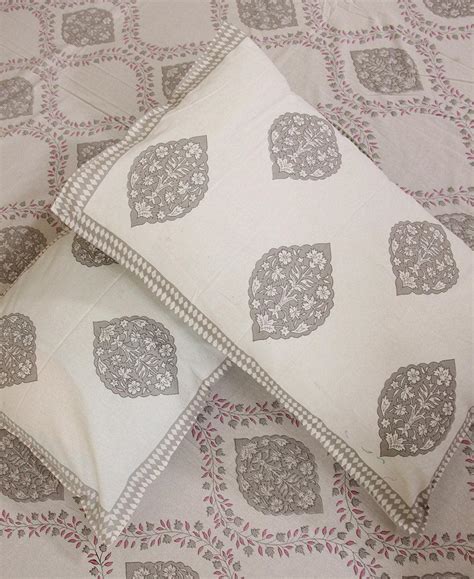 Buy Grey/Gray Kusum Block Printed Bedsheet With 2 Pillow Cover Set
