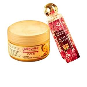 Bhuvika Gold Herbal Face pack 75 grm & Bhuvika Rose Water 120 ml with ...