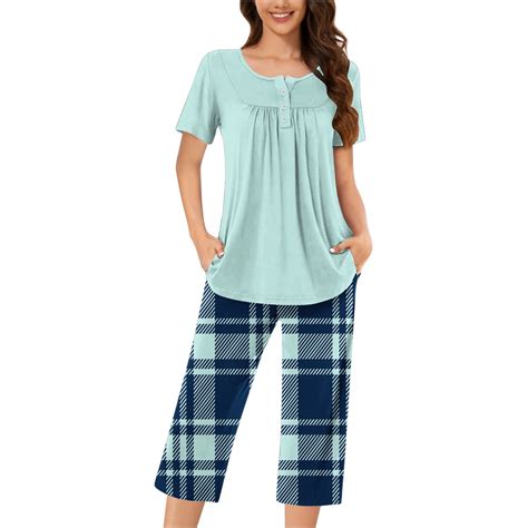 Diufon Women Plus Size Pjs Sets Button Short Sleeve Tops Plaid Capris ...