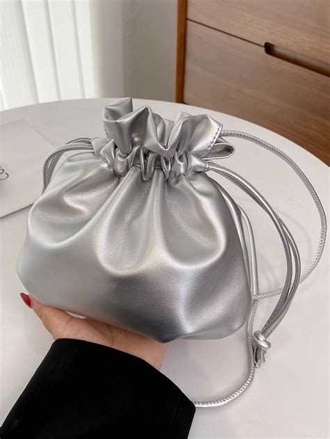 Metallic Drawstring Design Bucket Bag | Bucket bag, Bags for teens ...