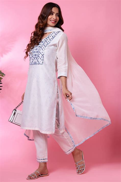 Off White Cotton Blend Straight Kurta Pant Suit Set