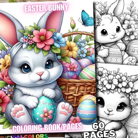 60 Easter Bunny Coloring Pages, Spring & Easter Coloring Book Floral ...