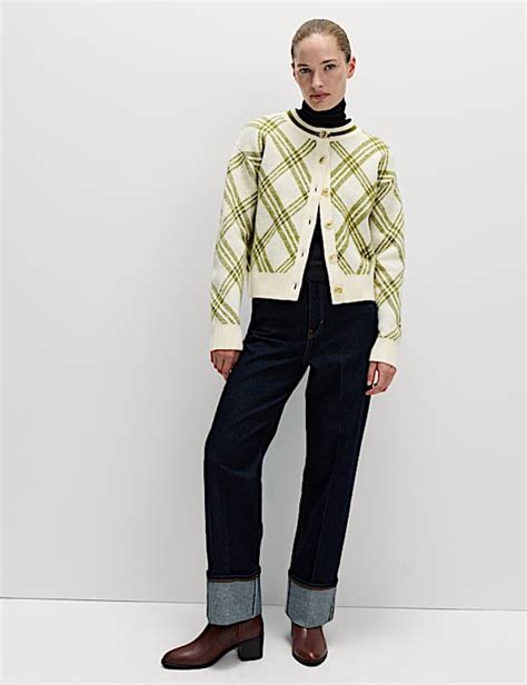Buy Checked Crew Neck Cardigan With Wool at Marks & Spencer