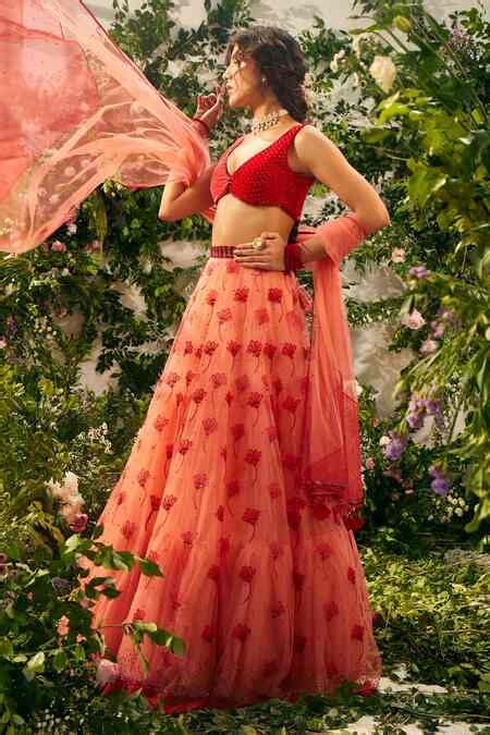 Buy Red , Velvet, Tulle, Organza, Satin Floral Embroidered Lehenga Set ...