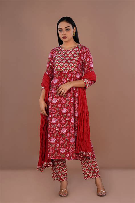 Floral block printed cotton kurta , pants and dupatta set – Kalanjali