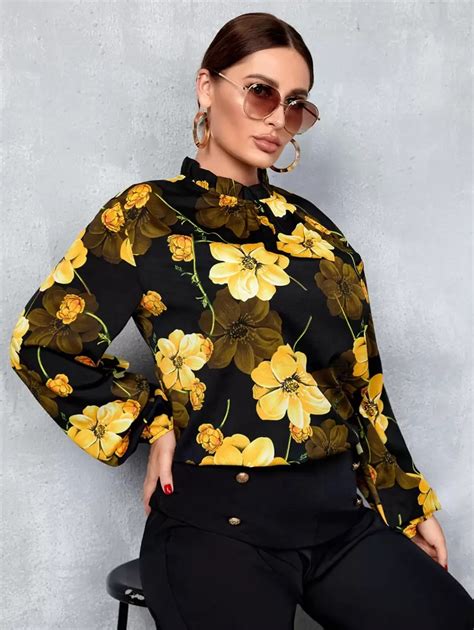 SHEIN Clasi Plus Floral Print Ruffle Neck Bishop Sleeve Blouse | SHEIN USA