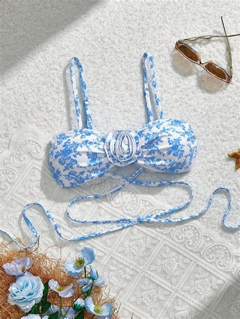 SHEIN MOD Ruched Bust Cup Front Tie Design Blue & White Floral Print ...