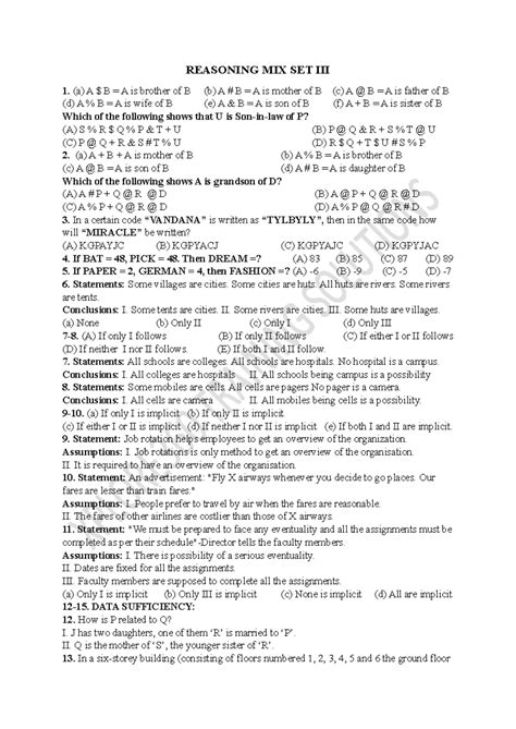 Reasoning MIX SET III - Xyz - REASONING MIX SET III (a) A $ B = A is ...