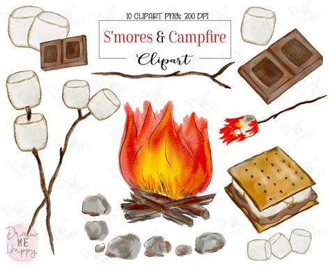 S'mores Clipart, Campfire Clipart, Camping Graphics, Watercolor Clipart ...