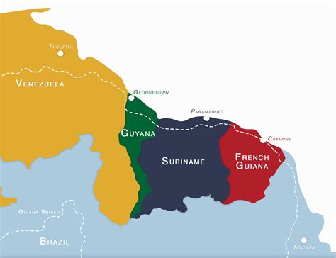 Map of Guyana, Suriname, French Guiana