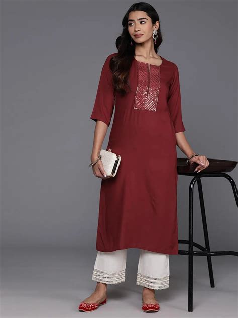 Buy Maroon Yoke Design Rayon Straight Kurta Online at Rs.399 | Libas