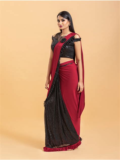 Red & Black Half & Half Saree With Sequins Work Blouse – Tirumala Designers