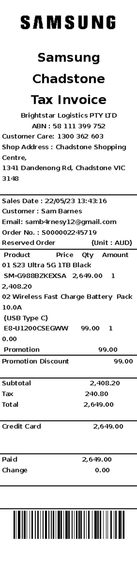 Miranda Store Receipt Template - Samsung Chadstone Tax Invoice ...