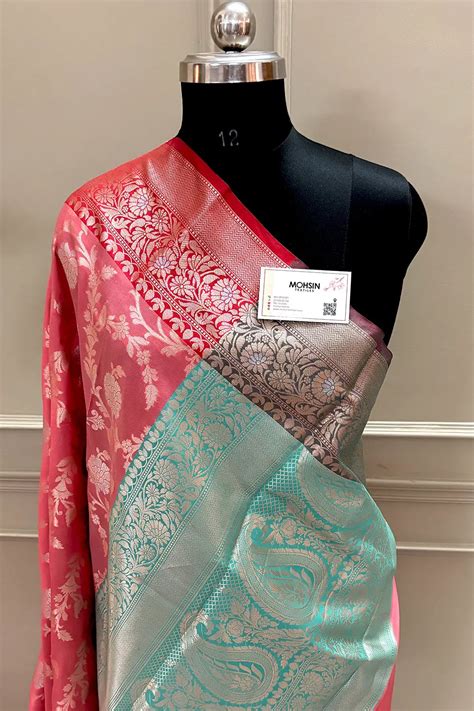 Peach and Sea Green Zari Banarasi Silk Saree – Mohsin Textiles