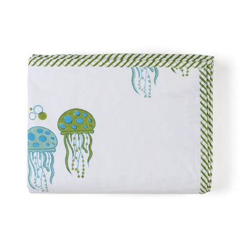 Jellyfish Block Printed Mulmul Dohar, Green Blue, 60x90 – Eyaas