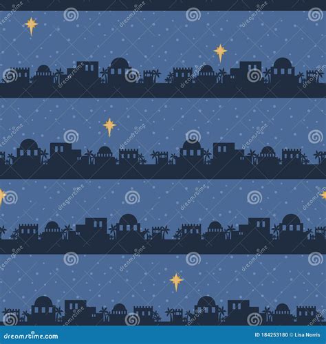 Vector Blue Bethlehem Skyline Silhouette Seamless Pattern Background Stock Vector - Illustration ...