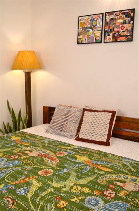 Green Peacock Double Bed Queen Hand Embroidered Bedspread/ Dohar – Nakhrro