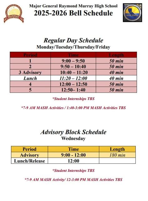 2025-2026 Bell Schedule - Major General Murray High School