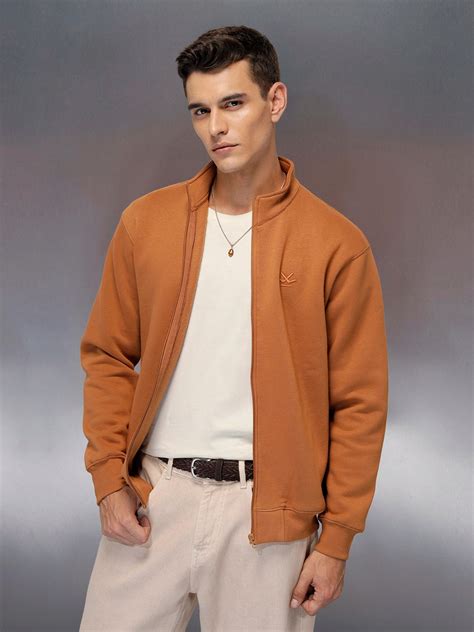 men's casual front zip up stand collar sweatshirt | Brown – Wrogn