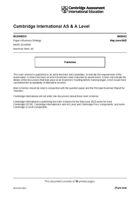 Cambridge International AS & A Level Business 9609/04 Mark Scheme May ...