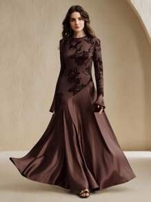 Anewsta Women Floral Textured Splice Round Neck Bell Sleeve Elegant ...