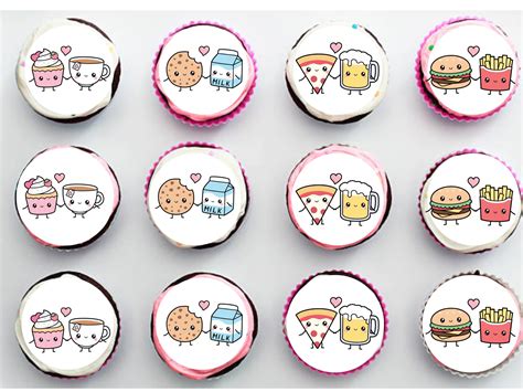 Buy Twelve 2" Valentines Day Cupcake Toppers Kawaii Food Couples Themed ...